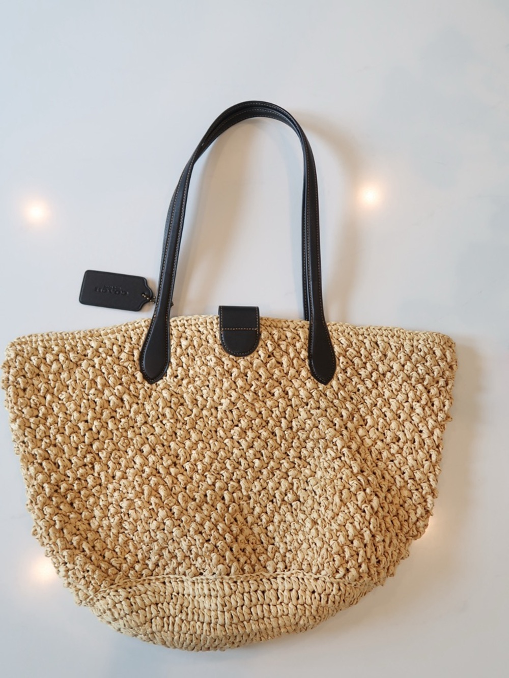 Coach Large Straw Tote with Black Leather Handles and Gold Hardware - Picture 3 of 5